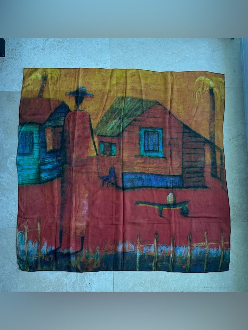 Vintage Hand-Painted Village Print Scarf - Rust, Teal, Mustard